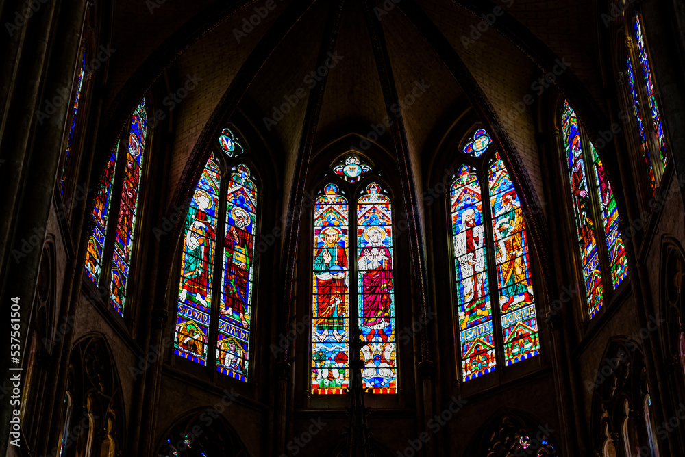 Stained glass windows of the Cathedral of Saint Mary, Bayonne, France.