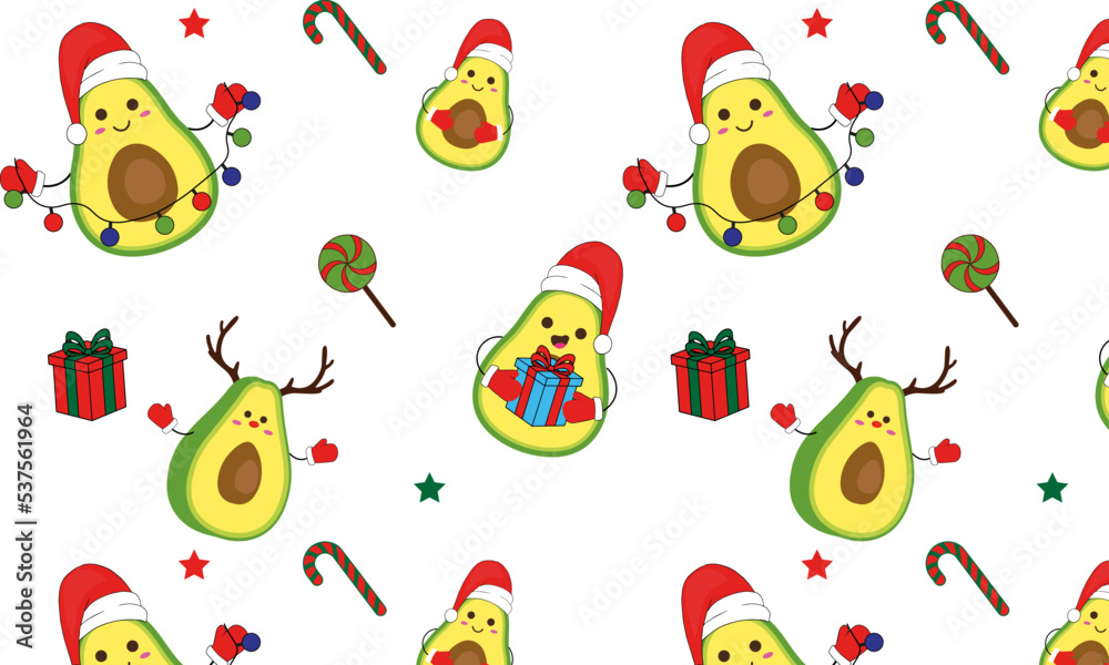 Naklejka premium Christmas pattern with avocados, garlands, Christmas sweets. cute pattern for the new year