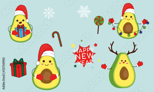 a set of New Year's avocados, cute characters for Christmas.
