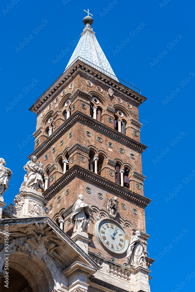 Detail of the Belltower of the Pontifical Basilic of Santa Maria Maggiore in a Sunny Day