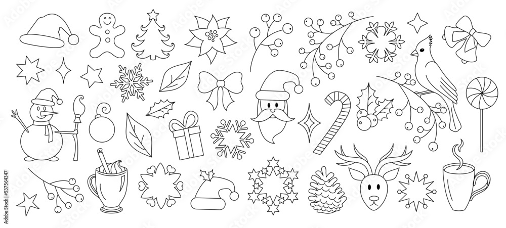 Christmas elements set in a line art style. Winter graphic icon collection. Vacation doodle. Creative Xmas festival outline linear design. Isolated on white. 