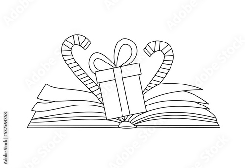 Christmas elements with a book in a line art style. Winter graphic icon. Vacation doodle. Creative Xmas festival outline linear design. Isolated on white. 