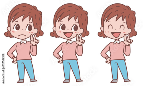 ピースサインをする女性　表情バージョンセット