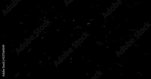 First person view or camera view in a snow storm or blizzard against wind. 3d render with black background.