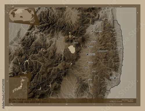 Fukushima, Japan. Sepia. Labelled points of cities photo