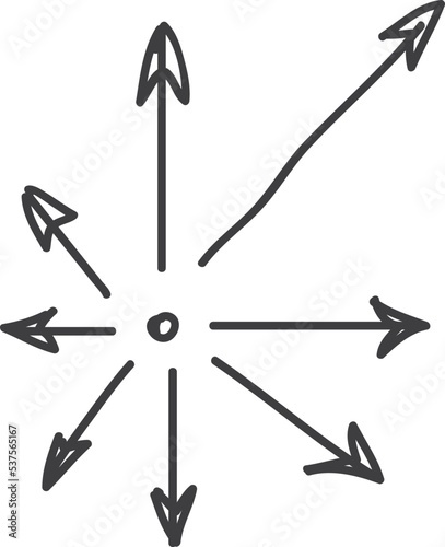 Outward arrows. Direction pointers in hand drawn doodle style