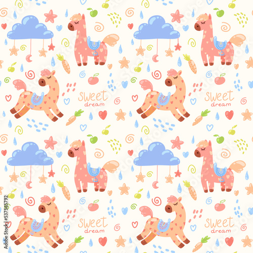 Fototapeta Naklejka Na Ścianę i Meble -  Vector seamless pattern with cute pink horses with red hearts surrounded with carrots, stars, hearts, clouds, stars and swirls. Cute pattern for kids apparel and stuff.