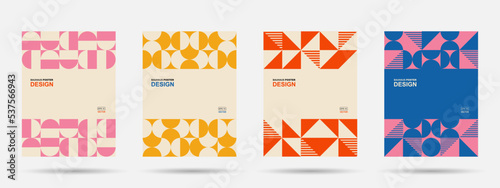 Abstract Bauhaus geometric pattern background, vector circle, triangle and square lines art design. Vintage color Bauhaus Swiss pattern background, posters set, abstract cover backgrounds.