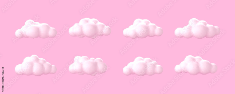 3D white clouds. Soft round cartoon fluffy cloud icons isolated on pink background. Vector 3d illustration in cartoon style