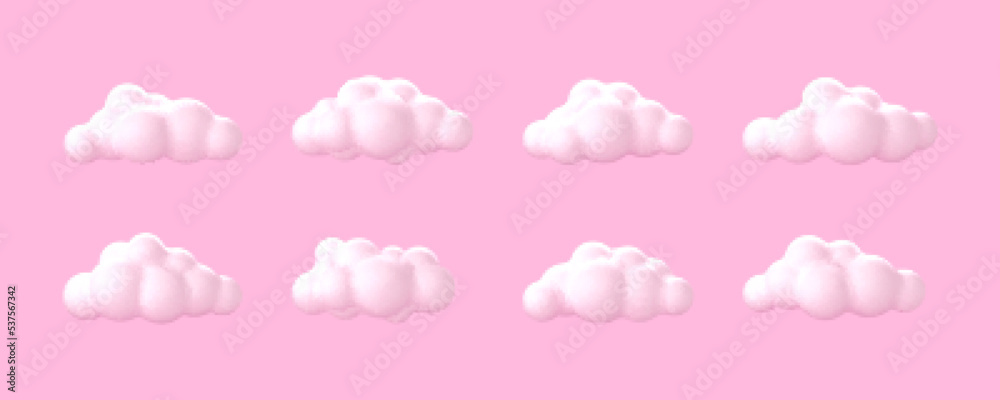 3D white clouds. Soft round cartoon fluffy cloud icons isolated on pink background. Vector 3d illustration in cartoon style 3D white clouds. Soft round cartoon fluffy cloud icons isolated on pink background. Vector 3d illustration in cartoon style