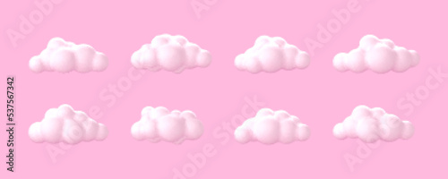 3D white clouds. Soft round cartoon fluffy cloud icons isolated on pink background. Vector 3d illustration in cartoon style