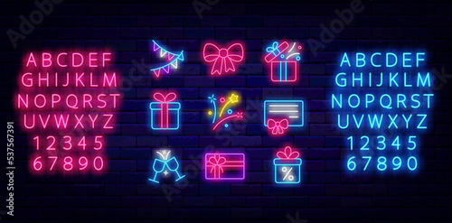 Merry Christmas and Happy New Year neon icons collection. Garland and firework. Vector stock illustration