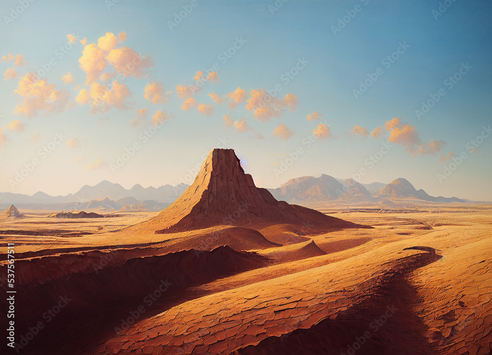 Naklejka premium A picture of the desert mountain landscape, sand and dunes in the desert. A breathtaking landscape illustrated view