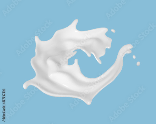 Milk splash isolated on blue background. Natural dairy product with flying drops. Realistic vector illustration