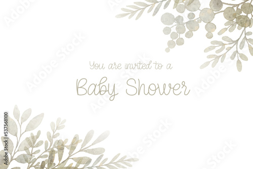 Watercolor baby shower card with green flowers frame. Isolated on white background. Hand drawn clipart. Perfect for card, postcard, tag, invitation, printing, wrapping.