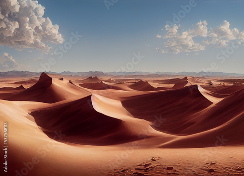A picture of the desert mountain landscape, sand and dunes in the desert. A breathtaking landscape illustrated view