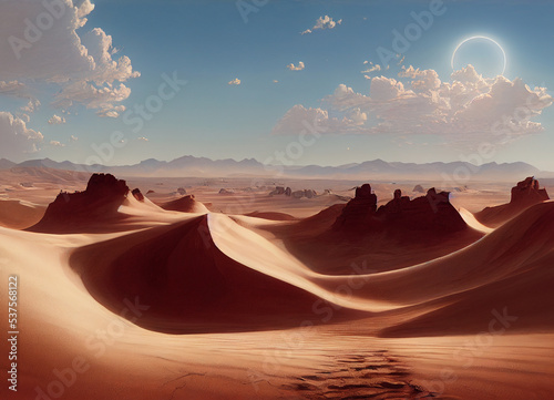 A picture of the desert mountain landscape  sand and dunes in the desert. A breathtaking landscape illustrated view