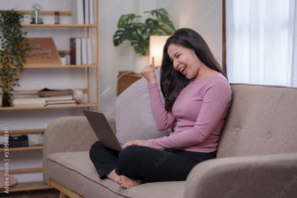 Beautiful young woman student sitting on sofa is video chatting on laptop, smiling faces and gestures happily studying. Beautiful young woman student sitting on sofa is video chatting on laptop, smiling faces and gestures happily studying.