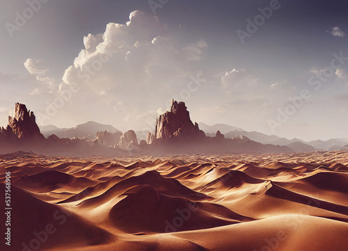 A picture of the desert mountain landscape  sand and dunes in the desert. A breathtaking landscape illustrated view