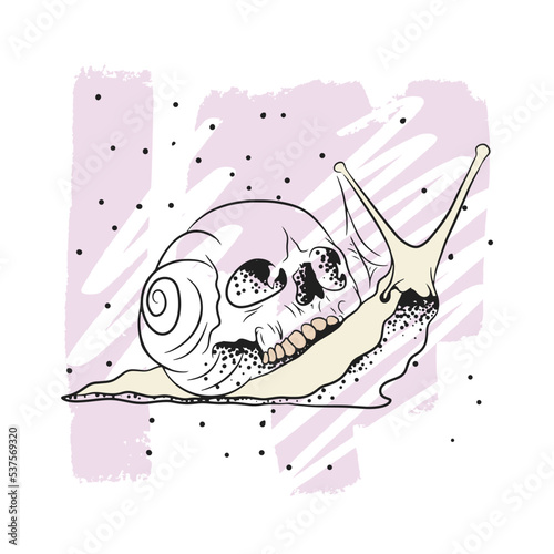 Mystical snail with a skull, contour drawing, graphics, strokes, dotwork