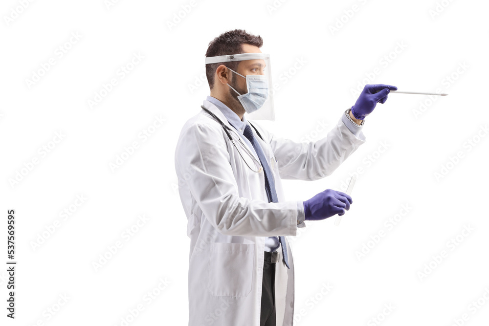 Doctor with a mask and face shield taking a cotton swab sample Doctor with a mask and face shield taking a cotton swab sample