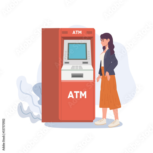 woman using ATM to pay or withdraw cash money. woman waiting near automatic machine, looking on monitor. Vector illustration