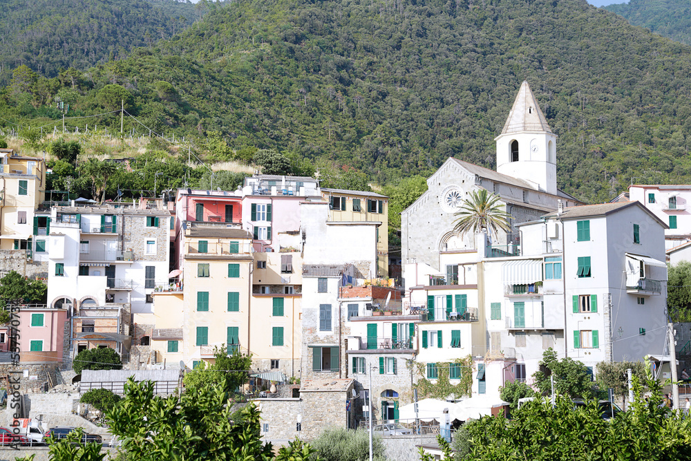 Panorama of Corniglia touristic village with colorful houses in Cinque Terre National Park, Liguria, Italy, Europe