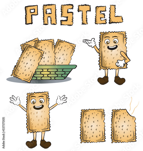 collection of pastry brazilian food illustrations. Includes two mascots, two pastries and a basket. Vectors isolated on white background.
