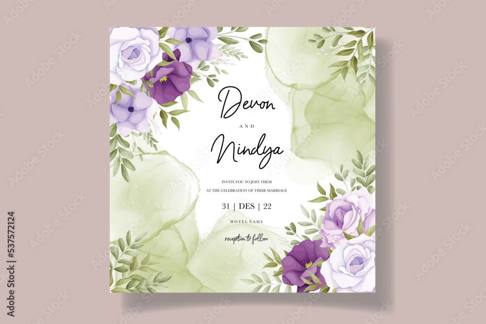 Elegant wedding invitation card with purple flower decoration