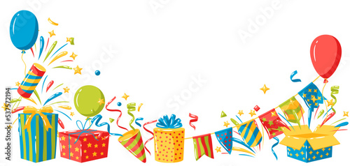 Background with holiday decoration items. Color objects for celebration and anniversary.