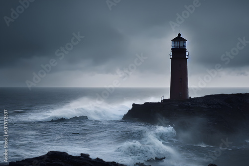 A lighthouse lashed by waves during a storm.