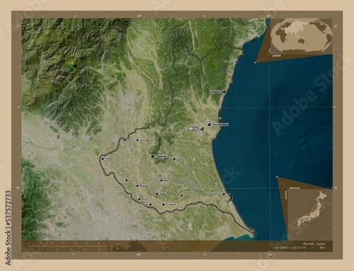 Ibaraki, Japan. Low-res satellite. Labelled points of cities photo