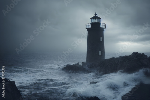 A lighthouse lashed by waves during a storm. © ECrafts
