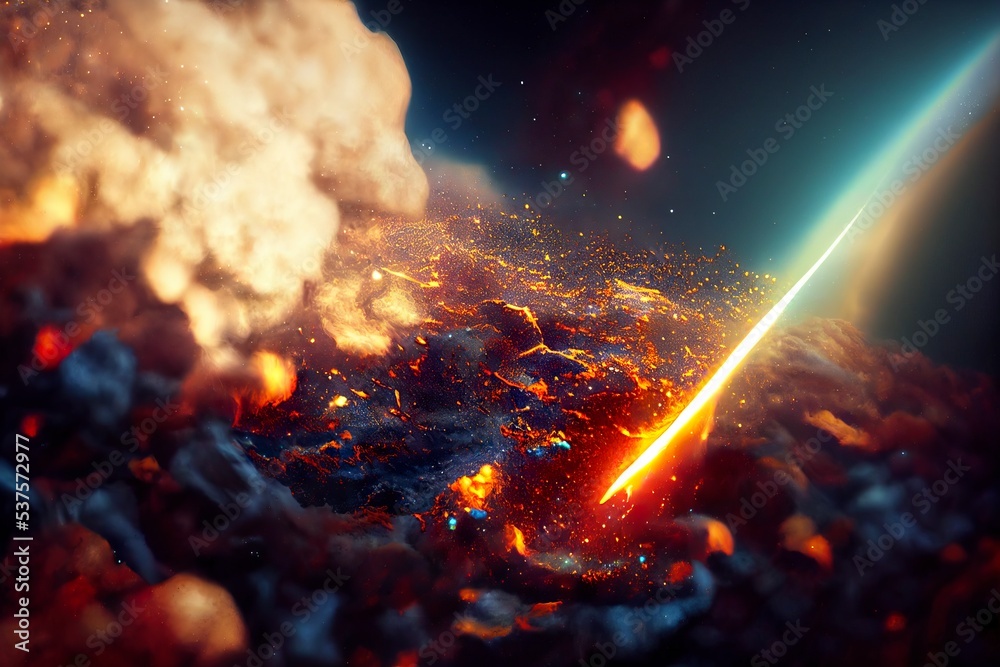 Meteor Impact On a planet - Fired Asteroid In Collision With Planet - Contain 3d Rendering. Background, concept art.