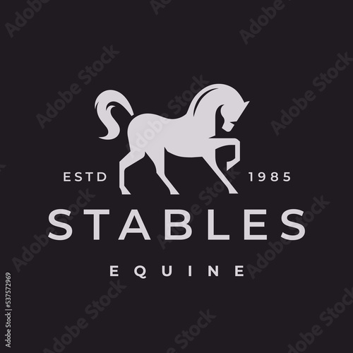 Horse logo design. Equine stables icon. Equestrian horse symbol. Dressage emblem. Stallion brand identity sign. Vector illustration.
