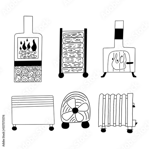 Set of heating appliances. Oil heaters, fan and potbelly stoves for kindling firewood. Cold season. Vector black and white isolated illustration hand drawn doodle