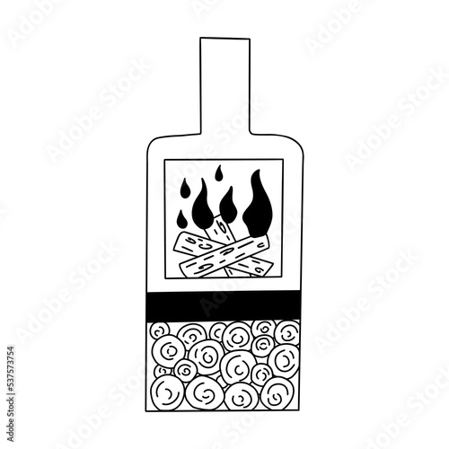 Small stove for heating house with wood. Potbelly stove for heat radiation in the cold season. Heating season. Vector black and white isolated illustration hand drawn doodle