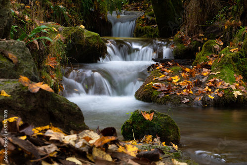 “Uracher Wasserfall“ natural reserve in autumn season with colorful leaves and longtime exposure of Bruehl creek cascades in Bad Urach Germany near popular natural attraction and waterfall sight 