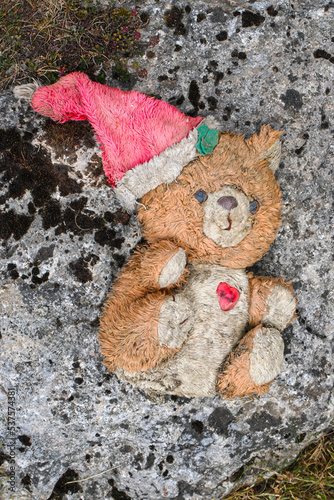 Lost abandoned old dirty teddy bear on a mossy rock in nature. Color illustration photo of struggling childhood or loneliness.