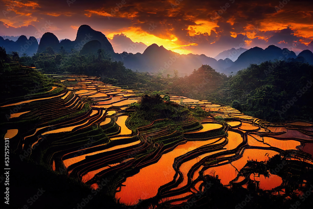 AI generated or 3D illustrated image of rice fields on terraces of Mu ...