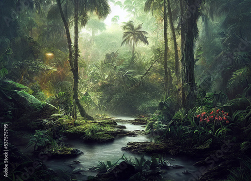 The Landscape of the jungle full of exotic plants and trees, An overview of the nature best, hot and wet ecosystem, where life abounds.
