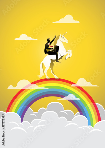 Businessman riding a unicorn on rainbow