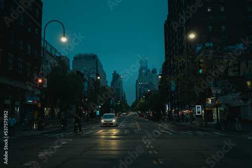 The intersection of 14th Street and 1st Avenue on a foggy evening, East Village, Manhattan, New York © jonbilous