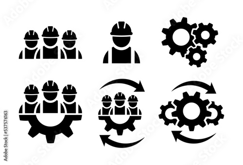 Construction workers icon set in flat. Building contractor symbol on white. Industrial workers with gear. Teamwork business icon. Abstract builders icon in black. Vector illustration for graphic desig