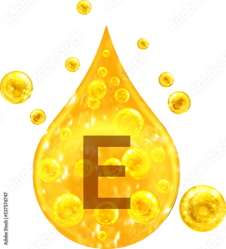 Drop with golden liquid and bubbles. Vitamin E. 