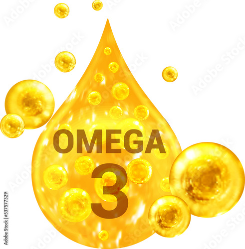 Drop with golden liquid and bubbles. OMEGA 3.  photo