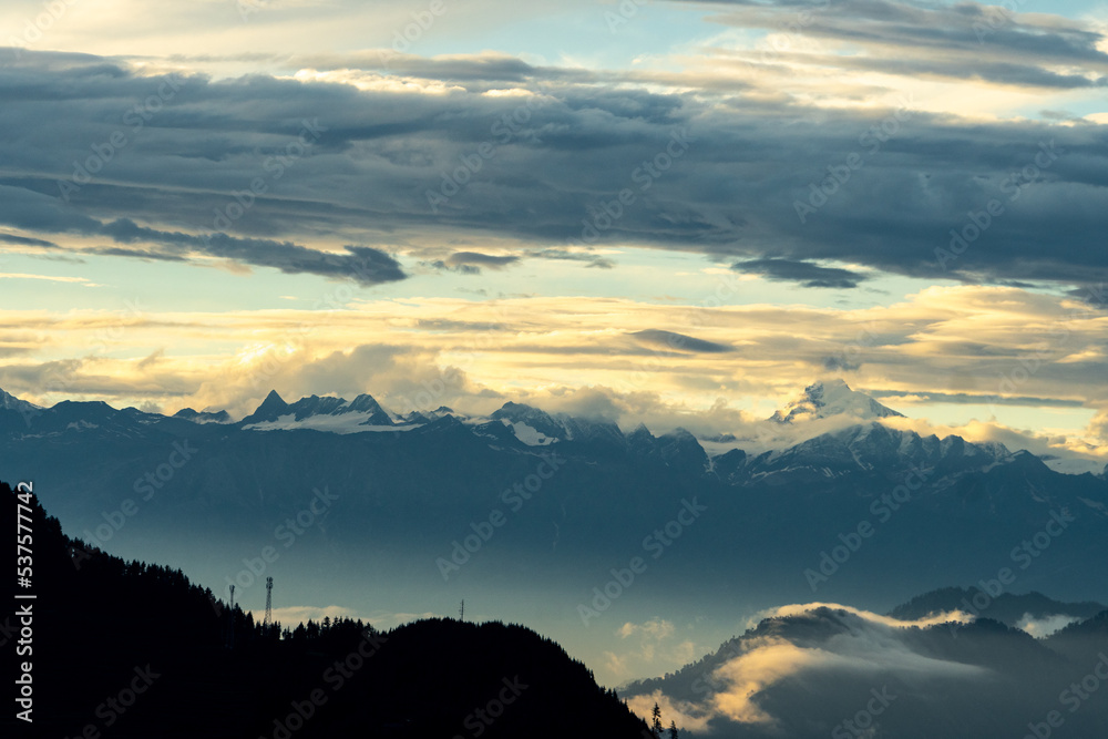 Beautiful landscape of Himachal Pradesh. clouds, mountains, sunset