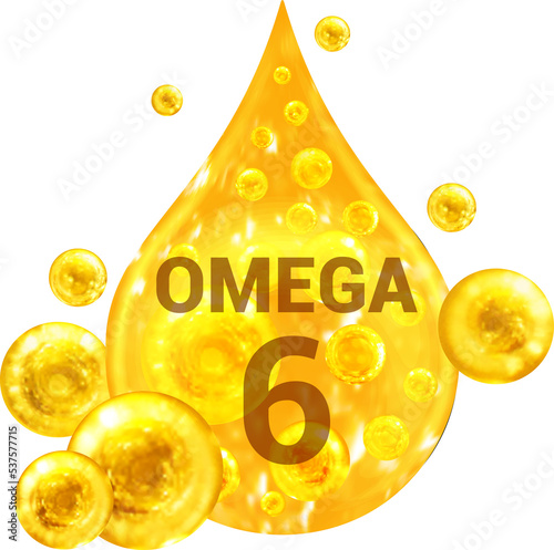 Drop with golden liquid and bubbles. OMEGA 6. 