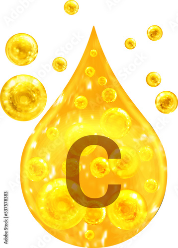 Drop with golden liquid and bubbles. Vitamin C. 