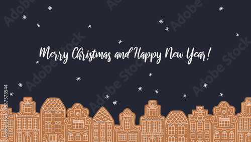 Christmas design with gingerbread houses and snowflakes for banners, postcards, prints. Vector template for winter holidays.